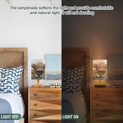 Highland Cows Daisy Wooden Vintage LED Table Lamp for Bedroom Bedside Lamp with USB Charging Ports Decor Nightstand for Living Room Reading Dorm Desk Home Office