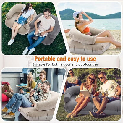 Threehoney 2 Pcs Inflatable Lounge Chair Deck Chair Lazy Sofa, Blow Up, Folding, Portable Couch for Home, Office Balcony, Floor Seating (Beige,Dark Grey)