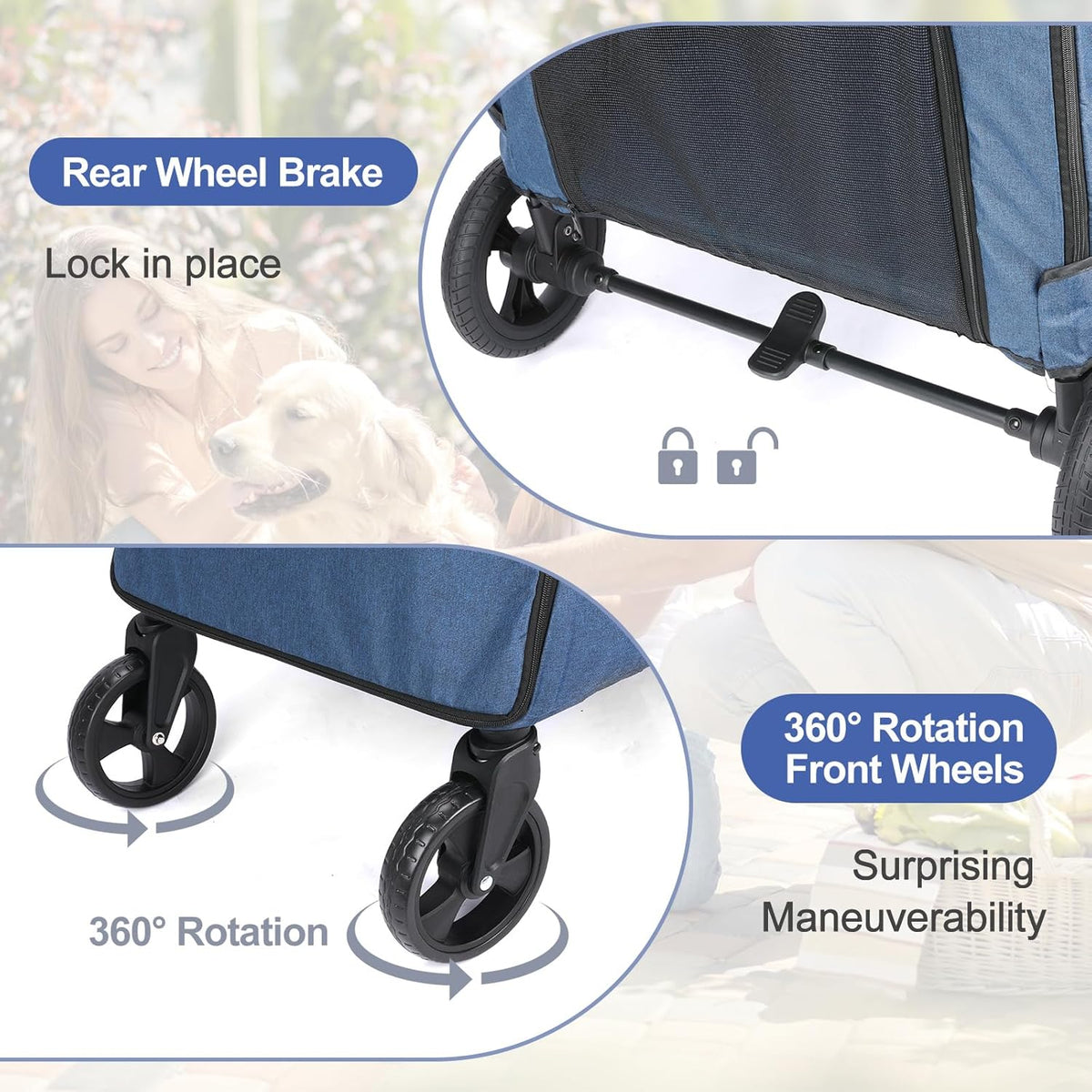 Large Dog Travel Stroller with 4 Heavy Duty Wheels Pet Stroller with Adjustable Handle - Double Doggie Capacity Jogger Wagon with Back Front Door for Small Medium Large Dogs (Navy-C)