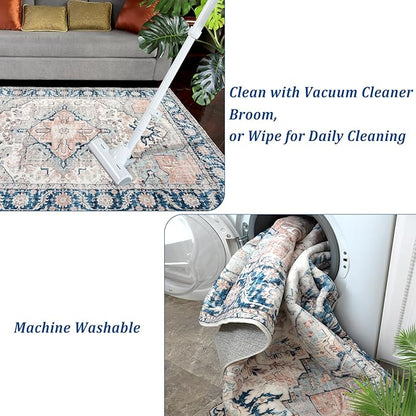 9x12 Area Rugs, Machine Washable Area Rugs for Living Room, Non Slip Backing Rugs for Bedroom, Vintage Printed Home Decor Large Area Rug (Grey Blue 9x12)