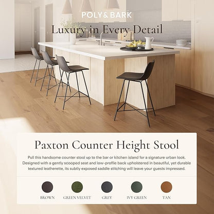 POLY & BARK Paxton Leather Counter Stools 24 Inches - Set of 3 - Counter Height Bar Stools with Back - Modern Barstools for Kitchen Island or Counters - Faux Leather & Matte Black Steel Base - Gray