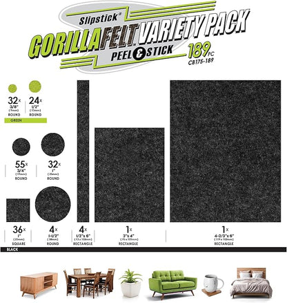 Slipstick Gorilla Felt Furniture Pads (189 Piece Variety Pack) Premium Furniture Pads & Chair Leg Floor Protectors for Hardwood Floors & Hard Surfaces