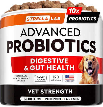 STRELLALAB Vet Strength Dog Probiotics Treats - 1 Billion CFU + Digestive Enzymes + Prebiotics - Chewable Fiber Supplement w/Pumpkin - Allergy, Diarrhea, Gas, Constipation, Upset Stomach Relief