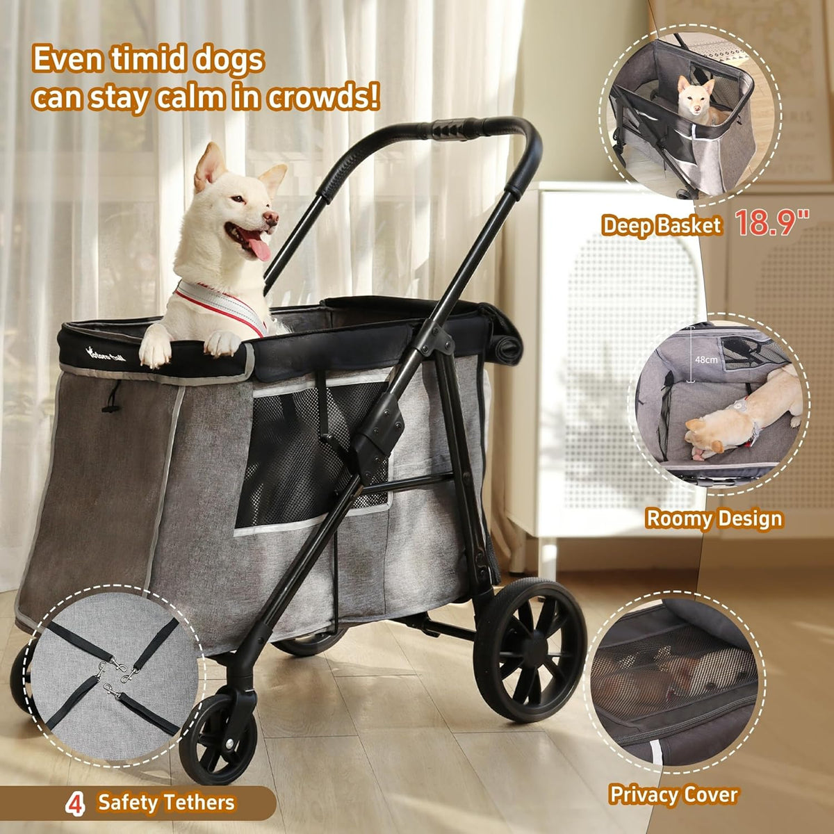 Medium Dog Stroller for Small to Large Dogs 4 Wheels Multi Pet Stroller for 4 Dogs Holds Up to 66lbs, One-Click Folding&Smooth Tires&Sunshade & Storage Basket (Gray, Medium)