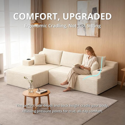 105" Cloud Sectional Couch with L-Shape Chaise, Modular Sectional Sofa with Deep Seat & 2 Cup Holders, Modern Corduroy Boneless Couches for Living Room, No Assembly Required, Left Facing Chaise, White | Pet Friendly, Flexible Layout