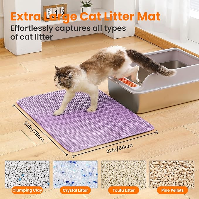 Extra Large Cat Litter Mat, 30x22 Inches Honeycomb Double Layer Cat Litter Trapping Mat, Non Slip Waterproof Urine Proof Large Kitty Litter Box Mat for Floor, Kitten Supplies, XL, Purple
