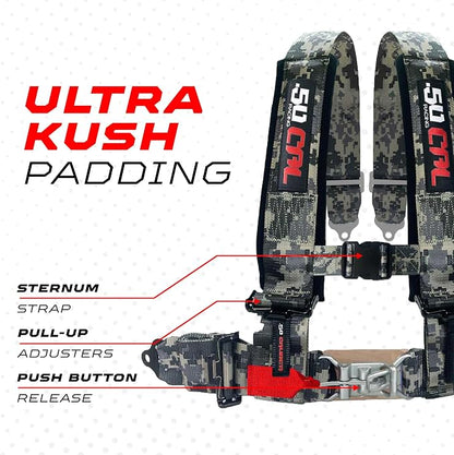 1pc 50 Cal Camo 4 Point Harness 2 inch straps, Racing Harness Seat Belt | Ultra Kush padding, Push Button quick release hardware. Universal Fit for UTV, RZR, race car