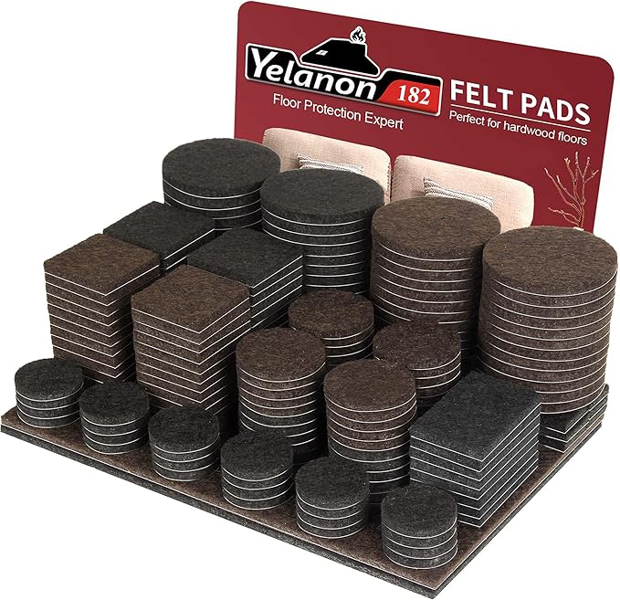 Yelanon Felt Furniture Pads -182 Pcs Premium Felt Pads for Chair Legs Furniture, Floor Protectors for Hardwood Floors,Black & Brown