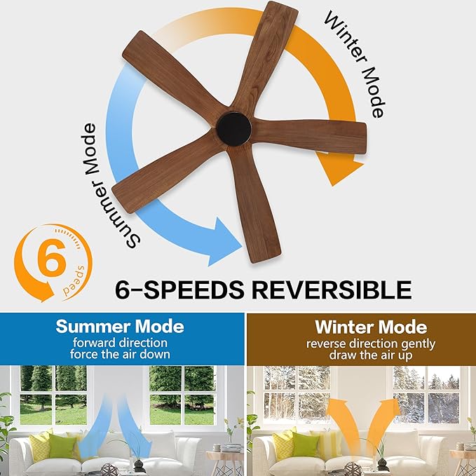 WINGBO 54" Flush Mount DC Ceiling Fans without Lights, 5 Carved Solid Wood