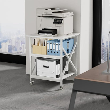 Ollieroo 3 Tier Printer Stand, Large Table with Wheels, Rolling Cart with Height Adjustable Middle Storage Shelf, 23.6 x 23.6 x 30.3 Inches Shelf for Home Office, White