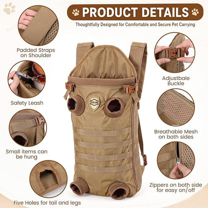 Dog Carrier Tactical Backpack for Medium Large 26-40lbs, Dog Soft Hands-Free Legs Out Pet Cat Front Carrier Backpack Facing Travel Bag for Outdoor Traveling Hiking Camping Bike (Brown)