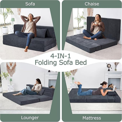 HILERO Folding Sofa Bed, 4 in 1 Convertible Sleeper Chair with Pillow, Queen Memory Foam Fold Out Chair Bed, Modern Floor Futon Sofa Couch Mattress for Living Room/Guest/Apartment, Dark Grey