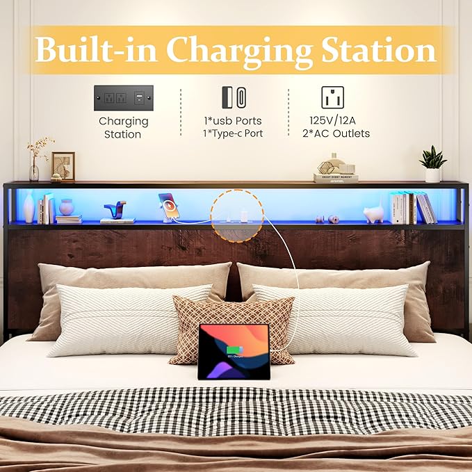 Lifezone King Bed Frame with 2-Tier Storage Headboard, Metal Platform Bed Frame with 4 Storage Drawers, Built in Charging Station & LED, Noise-Free/Metal Support/No Box Spring Needed, Coffee Brown
