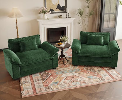 HUSFU 49.5'' W Oversized Accent Chair, Chenille Cloud Sofa Chair with Deep Seat and Extra Wide Armrests, Comfy Reading Armchair for Bedroom, Living Room, Set of 2, Green