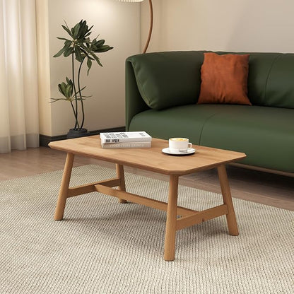 Ya-Home Farmhouse Coffee Table 35.5” Side Table Mid Century Wooden Table, Solid Wood Tea Table for Living Room Reception Room, Natural Finish