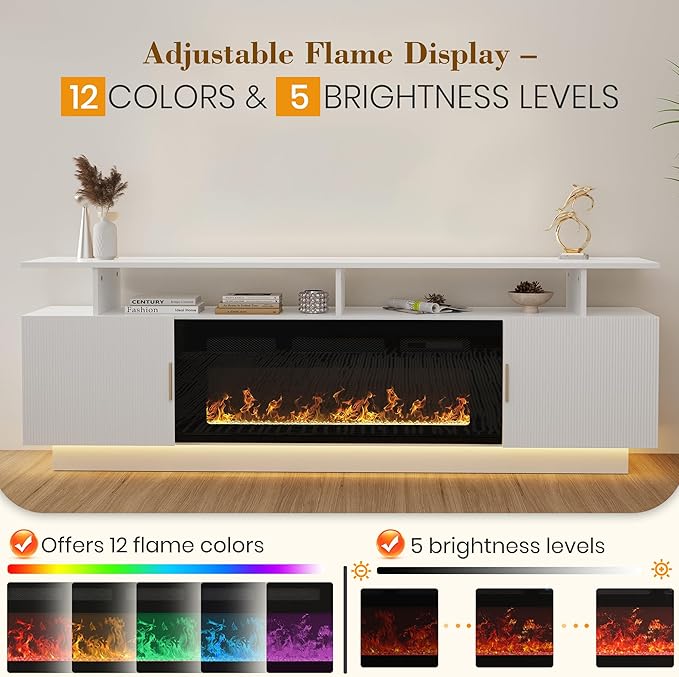 70” Fluted TV Stand with 36” Electric Fireplace, 2 Tier TV Console Cabinet with