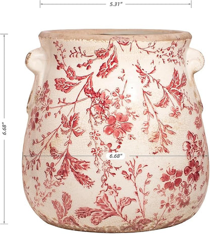 Antique Ceramic Planter & Vase for Home Decor, Rustic Farmhouse Flower Pot | 6.68 Inch Indoor Decorative Plant Pots, Vintage Ornament, Perfect for Bookshelf & Tabletop, Unique Gifts for Women, Red