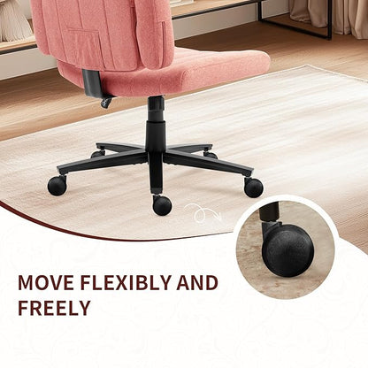 Vigosit Pink Criss Cross Office Chair with Wheels, Ergonomic Wide Seat Vanity & Dressing Table Chair, Adjustable Arms Swivel Rolling Desk Chair for Women, Comfortable Cross-Legged Support