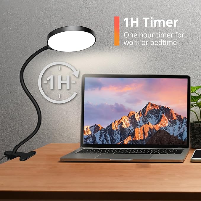 Reading Light with Remote, LED Desk Lamp Clip on [1H Timer & Nightlight] RA>95 Dimmable Flexible Gooseneck, Reading Lamp with Clamp for Table - 3.5'' (Adapter Included)