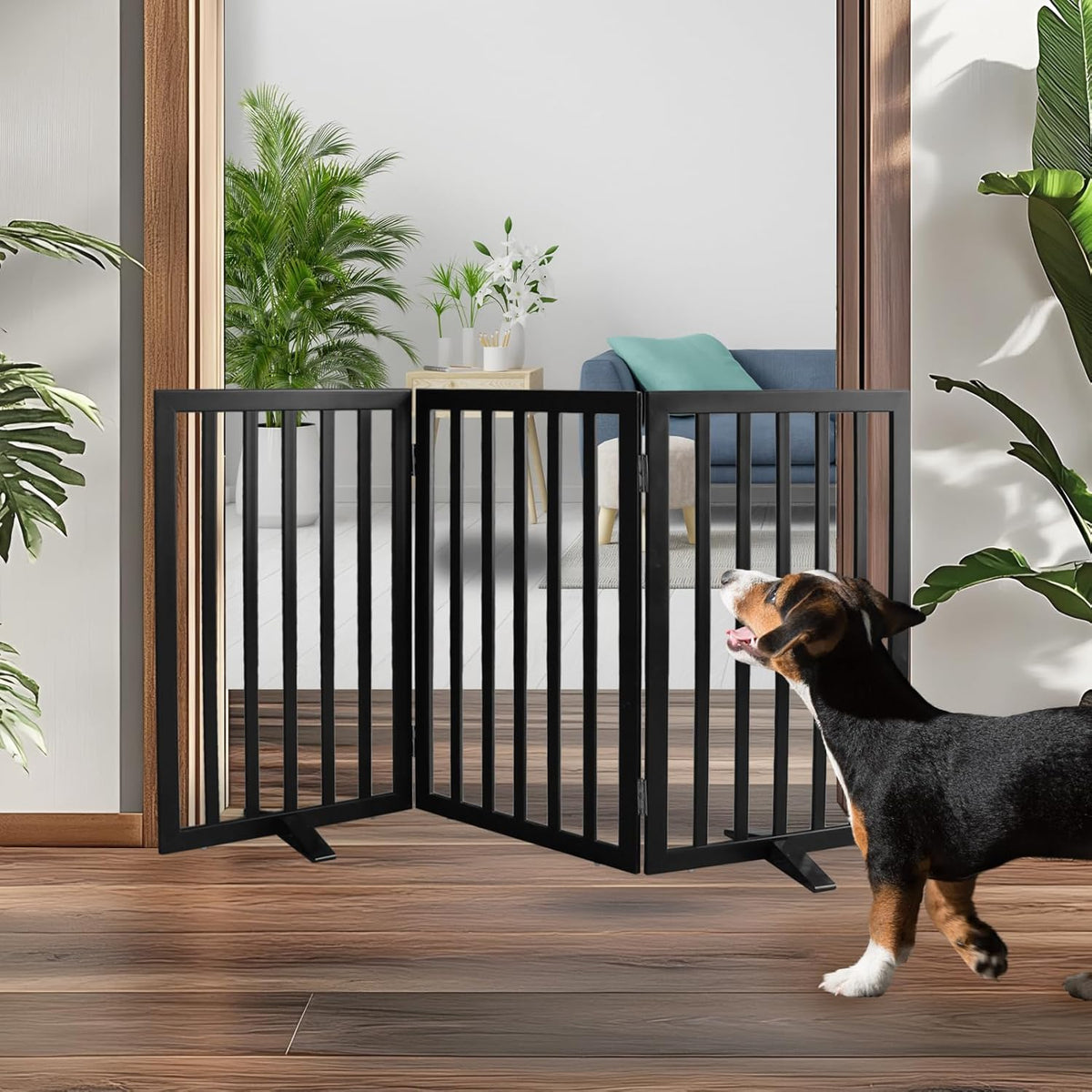 ZJSF Freestanding Indoor Dog Gate for House Foldable Wood Puppy Gate for Doorways Pet Gate for Stairs Extra Wide Pet Fence, Black, 32" Height 3 Panels