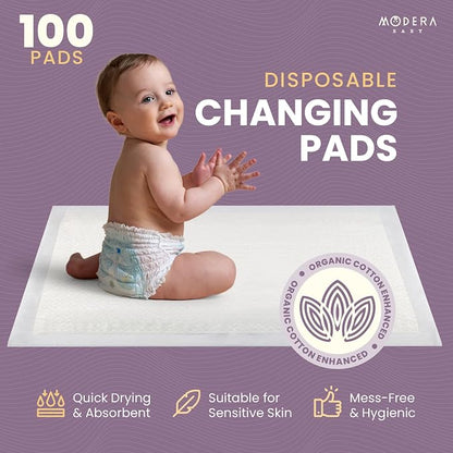 Organic Cotton Enhanced Disposable Changing Pad Liners | 16x18 Hypoallergenic Super Soft Ultra Absorbent Waterproof Quilted Underpads for Baby Diaper Table & Travel, Leak Proof, Mess Free (100 Pack)