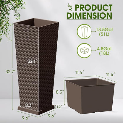 Devoko Resin Tall Planters for Outdoor Plants Set of 2, Large Taper Outdoor Planter Pots with 4 Drainage Holes, Flower Pots Modern Decor for Porch, Patio, Backyard, Garden(Brown, 32" with Trays)