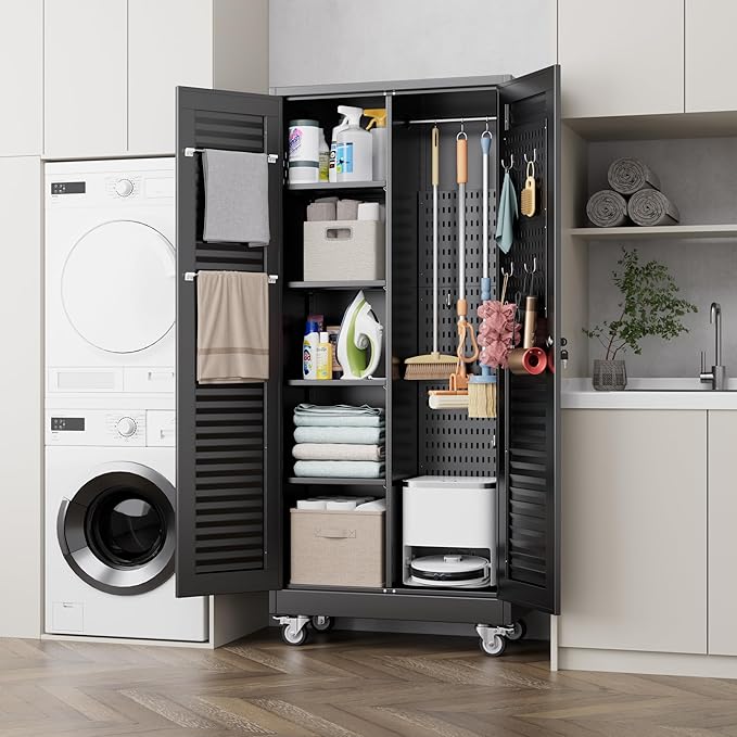 SUXXAN Broom Closet with Wheels 71"x 31.5"x15.75", Metal Cleaning Cabinets with