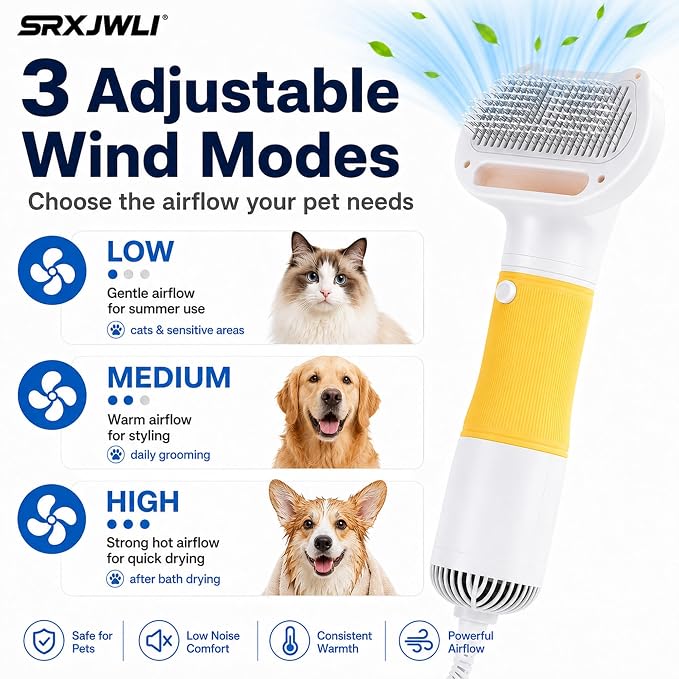 3 in 1 Pet Hair Dryers And Comb Brush High Velocity Blower for Dog Grooming | Portable Quiet Handheld Slicker with Steam Deshedding Intelligent Airflow System for Cats, Puppies and Professional(Pink)