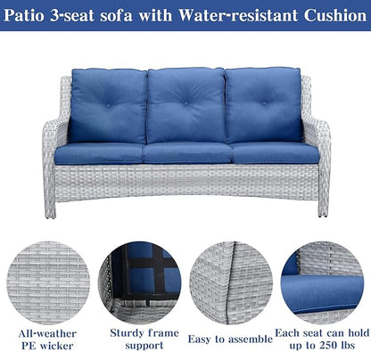 Belord Wicker Patio Furniture Sets - 8 Piece Outdoor Rattan Furniture Conversation Sets with 4 Swivel Rocker Chairs, Rattan Sofa, Wicker Ottomans and Coffee Table, Light Grey/Blue