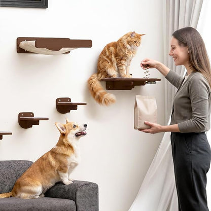 Cat Wall Shelves - Wall Mounted Cat Shelves with Feeding Station | Walnut Finish, Solid Pinewood, Beige Carpet, Supports Up to 33 lbs, Stainless Bowls, Dog-proof, Lounging, Climbing