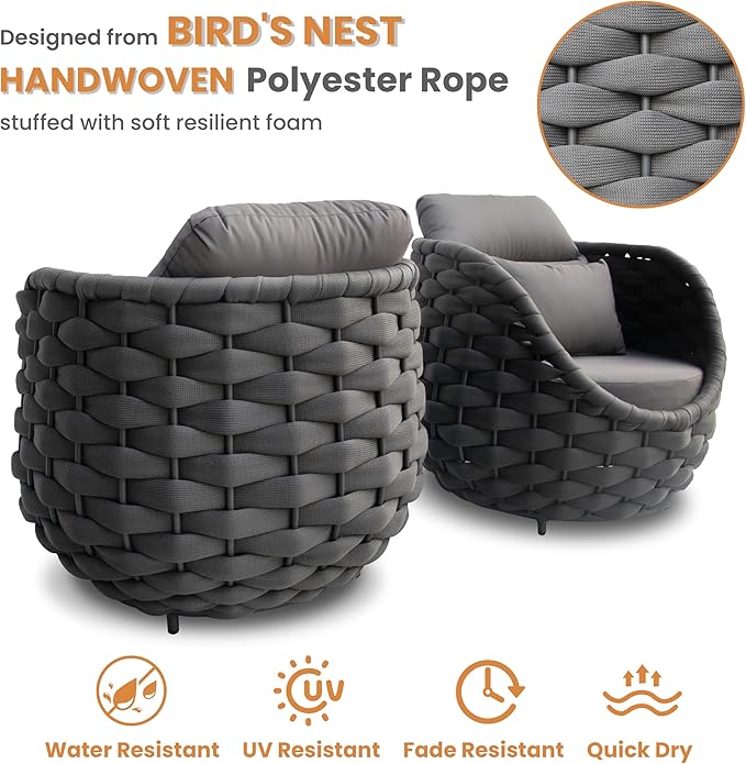 Erotr Front Porch Furniture Set 3 Piece: Aluminum Woven Rope Patio Conversation Sofa Set for 2 - Assembled Outdoor Couch Armchair Set Cushions - for 400lb Deck Balcony Pool Yard Hotel - Dark Gray