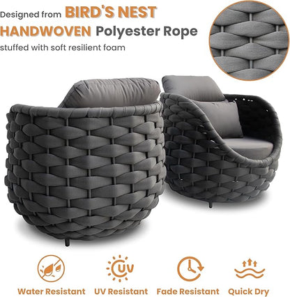 Erotr Front Porch Furniture Set 3 Piece: Aluminum Woven Rope Patio Conversation Sofa Set for 2 - Assembled Outdoor Couch Armchair Set Cushions - for 400lb Deck Balcony Pool Yard Hotel - Dark Gray