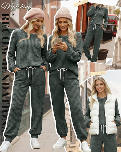 Sweetyweee Women's Ribbed Knit Lounge Sets 2 Piece Outfits Long Sleeve Pajamas Set Loungewear Sweatsuits Fall Pjs with Pocket