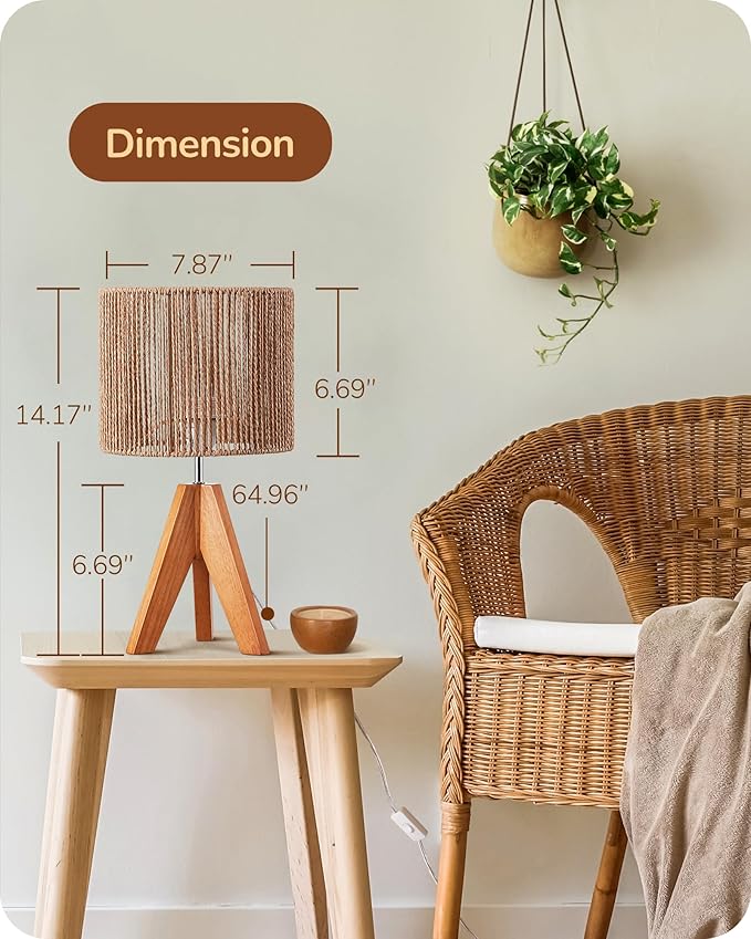 EDISHINE Small Rattan Table Lamp, Wood Tripod Bedside Lamp, Boho Nightstand Lamp for Living Room, End Table, Office, E26 Base, Natural Style