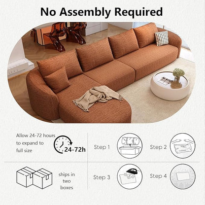 138.6" Modular Sectional Couches Luxury Modern Curved Back Sofa,Minimalist Comfy L-Shape Boneless Cloud Couch for Living Room Apartment,(Left Facing Chaise,Orange)