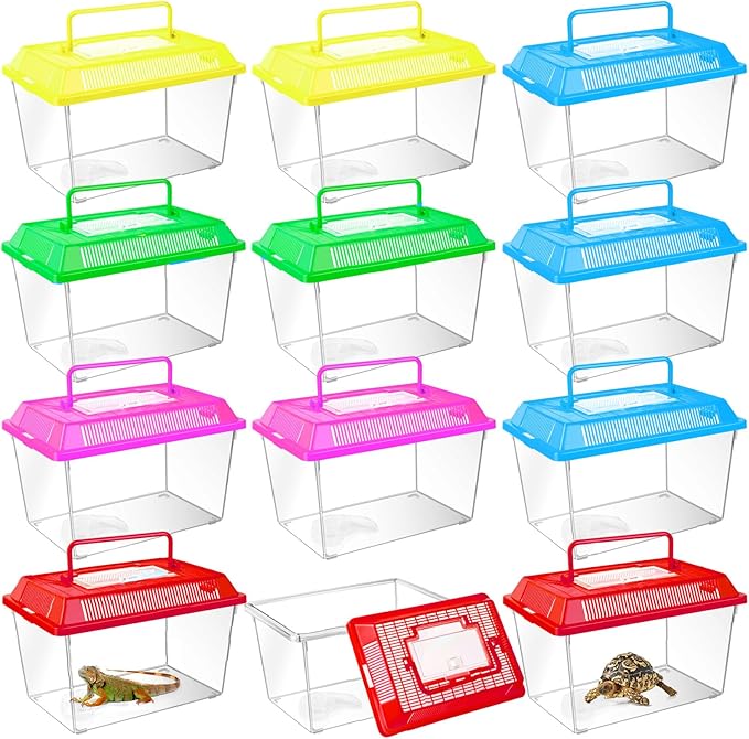 12Pcs Plastic Reptile Terrariums Carrier Cage, Tarantula Enclosure Snake Breeding Box Hatching Container Transparent Fish Tank Turtle Aquarium with Random Color Lid for Lizards, L(8.7" x 5.5" x 5.9")