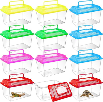 12Pcs Plastic Reptile Terrariums Carrier Cage, Tarantula Enclosure Snake Breeding Box Hatching Container Transparent Fish Tank Turtle Aquarium with Random Color Lid for Lizards, L(8.7" x 5.5" x 5.9")