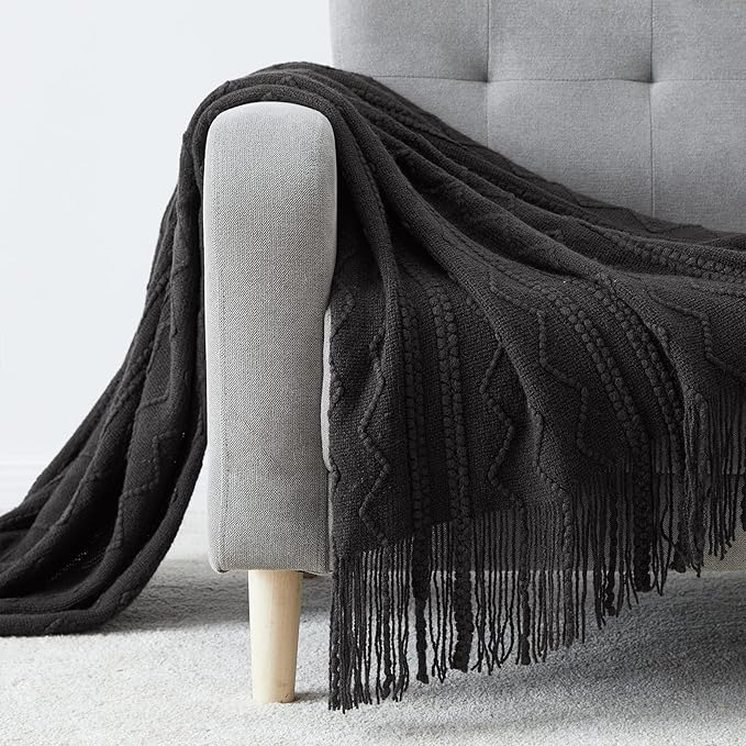 BOURINA Black Throw Blanket 50x60 Inches Throw Textured Solid Soft Sofa Couch Decorative Knit Blanket