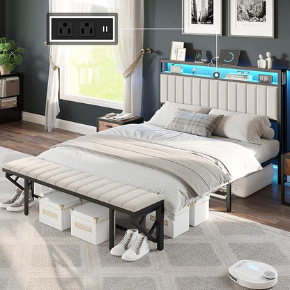 Full Bed Frame with Folding Bench and Charging Station, Velvet Upholstered Headboard with LED Light and Storage Shelf, Heavy Duty Metal Slats/No Box Spring Needed/Easy Assembly, Beige