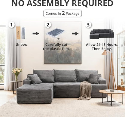 105" Cloud Sectional Couch with L-Shape Chaise, Modular Sectional Sofa with Deep Seat & 2 Cup Holders, Modern Corduroy Boneless Couches for Living Room, No Assembly Required, Left Facing Chaise, Grey | Pet Friendly, Flexible Layout