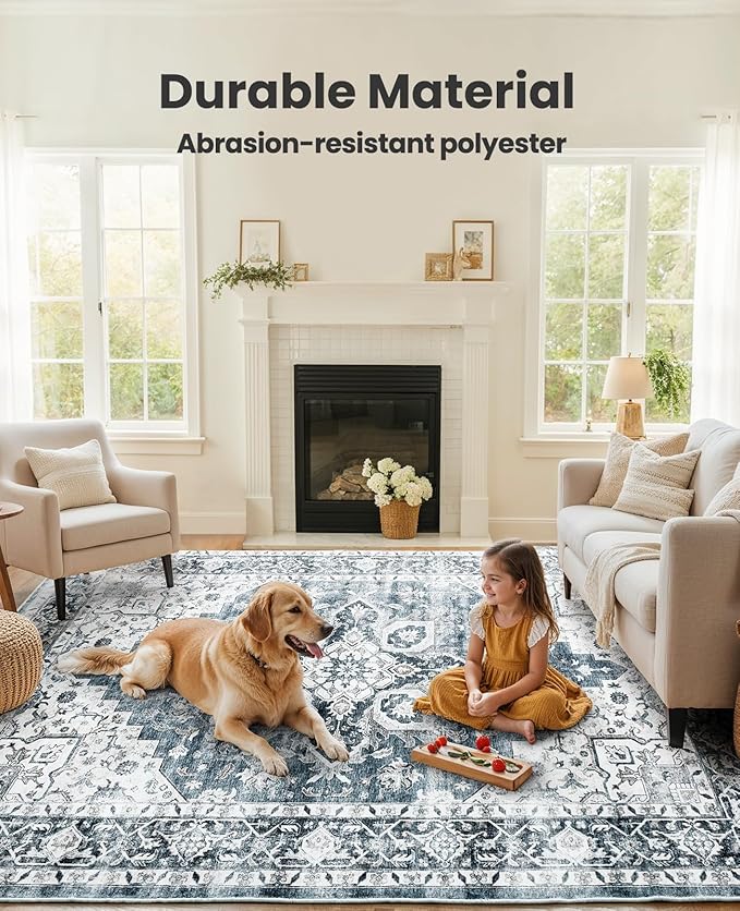 AMADA HOMEFURNISHING 9x12 Washable Area Rug, Low-Profile Large Area Rug with Non-Slip Backing & Durable Edge Binding, Vintage Large Rugs for Living Room, Bedroom & Dinning Room