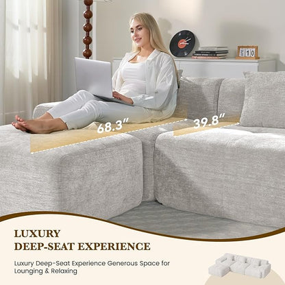 158" U Shaped Convertible Modular Couch, Cloud Couch Sectional with Ottoman, 6-Seater Chenille Boneless Couches for Living Room, Apartment, No Assembly, Beige 1PCS
