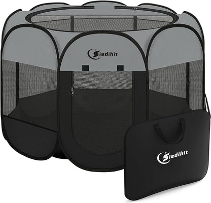 Siedihit Playpen for Extra Large Dog Cat, Dogs Tent Crate Cage | Indoor/Outdoor, Portable Pop Up Dog Kennel with Carrying Bag for Rabbits (Dark Grey, Extra Large)