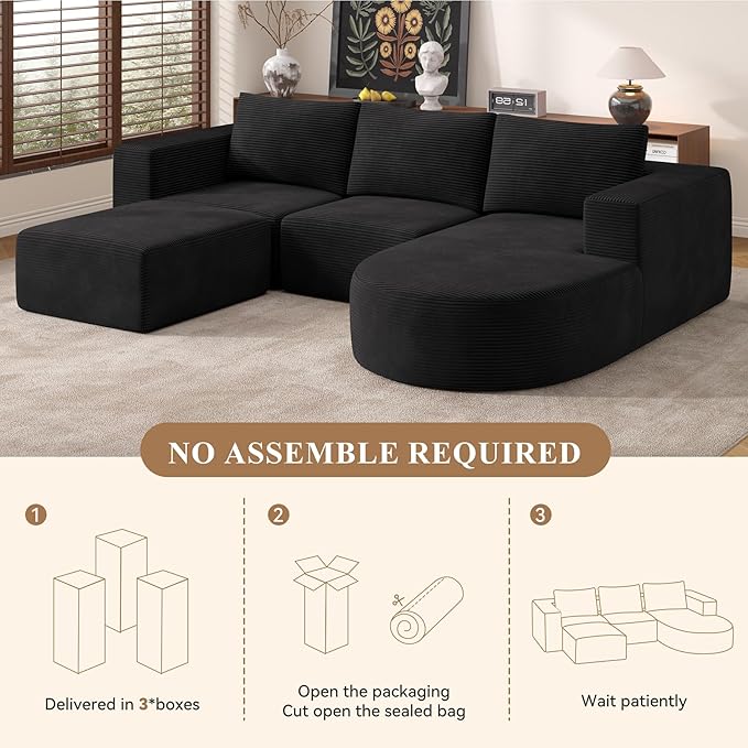 Boneless Couches for Living Room 104",Modular Sectional Sofa with Ottoman,Cloud Couch in a Box,Sponge Compression U Shaped Sofas with Chaise No Assembly Required(Black-Corduroy Fabric) 1pcs