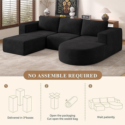 Boneless Couches for Living Room 104",Modular Sectional Sofa with Ottoman,Cloud Couch in a Box,Sponge Compression U Shaped Sofas with Chaise No Assembly Required(Black-Corduroy Fabric) 1pcs