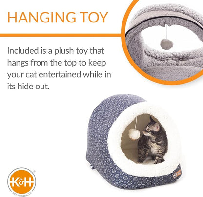 K&H Heated Cat Bed, Thermo-Pet Cave Indoor, Safety Listed, 4W, Navy/Geo | Removable Waterproof Cat Heating Pad, Heated Pet Bed for Dogs & Cats, Covered Cave Pet Tent, Collapsible, Machine Washable