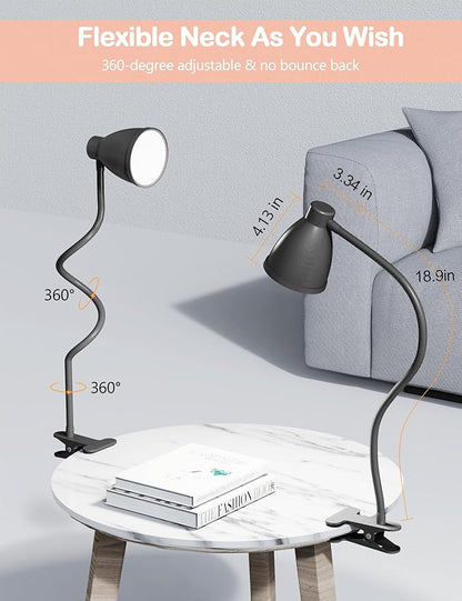 BOHON Desk Lamp 5 Color Modes 10 Brightness Dimmer Reading Light 10W 38 LED Clamp Lamp with Auto Off Timer 360° Flexible Neck Clip on Light for Bed Bedside, AC Adapter Include