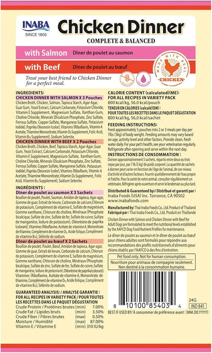 INABA Chicken Dinner for Dogs, Soft Pate Wet Dog Food, Complete & Balanced, 2.4 oz. Pouch, 15 Pouches, Salmon & Beef Variety