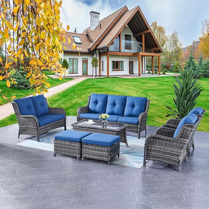 Rilyson Outdoor Patio Furniture Sofa Set - 7 PC Rattan Wicker Patio Sectional Conversation Sets with Sofa,Loveseat,Coffee Table,Armrest Chairs and Ottomans for Porch Deck Garden(Mixed Grey/Blue)