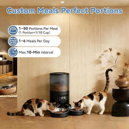 DUMOS 6L Automatic Cat Feeder for 2 Cats, Timed Pet Food Dispenser - Black | 2 Stainless Bowls, 10s Voice Call, Dual Power Supply, 6 Meals Per Day, 50 Portions Per Meal, Dual Pet Feeder for Cat and Dog